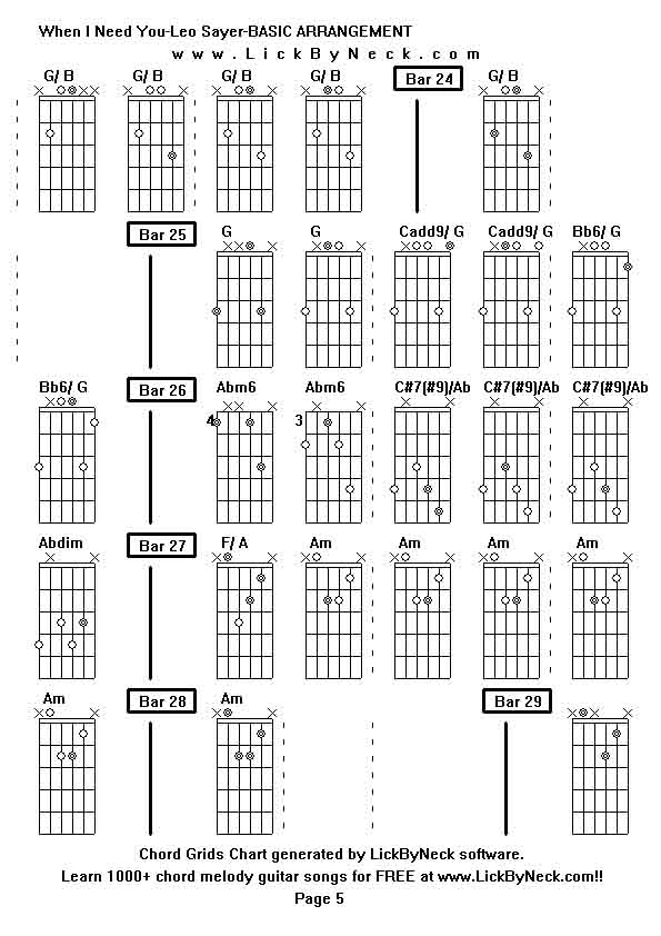 Chord Grids Chart of chord melody fingerstyle guitar song-When I Need You-Leo Sayer-BASIC ARRANGEMENT,generated by LickByNeck software.